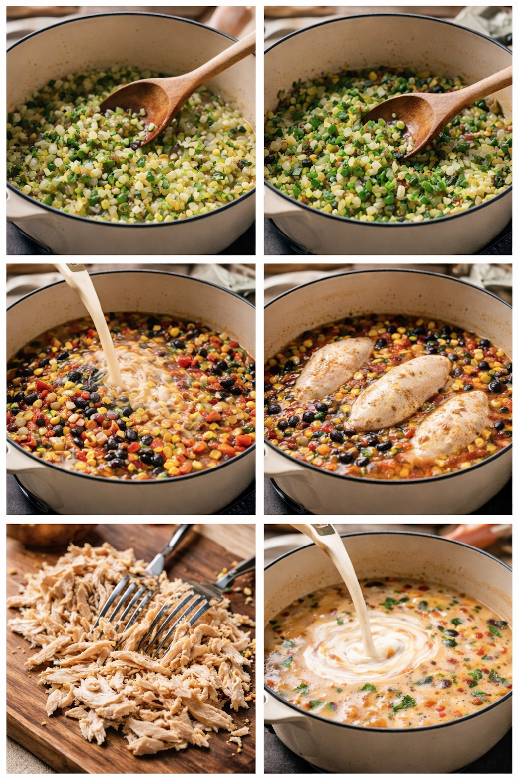 Step-by-step collage showing creamy chicken tortilla soup cooking process from sautéed vegetables to adding broth, chicken, and cream in a Dutch oven