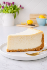 Slice of classic cheesecake with smooth, creamy filling and graham cracker crust on a white plate