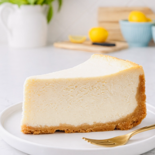 Slice of classic cheesecake with smooth, creamy filling and graham cracker crust on a white plate