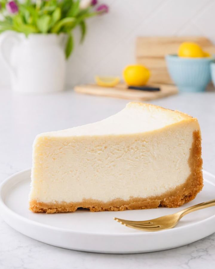 Slice of classic cheesecake with smooth, creamy filling and graham cracker crust on a white plate