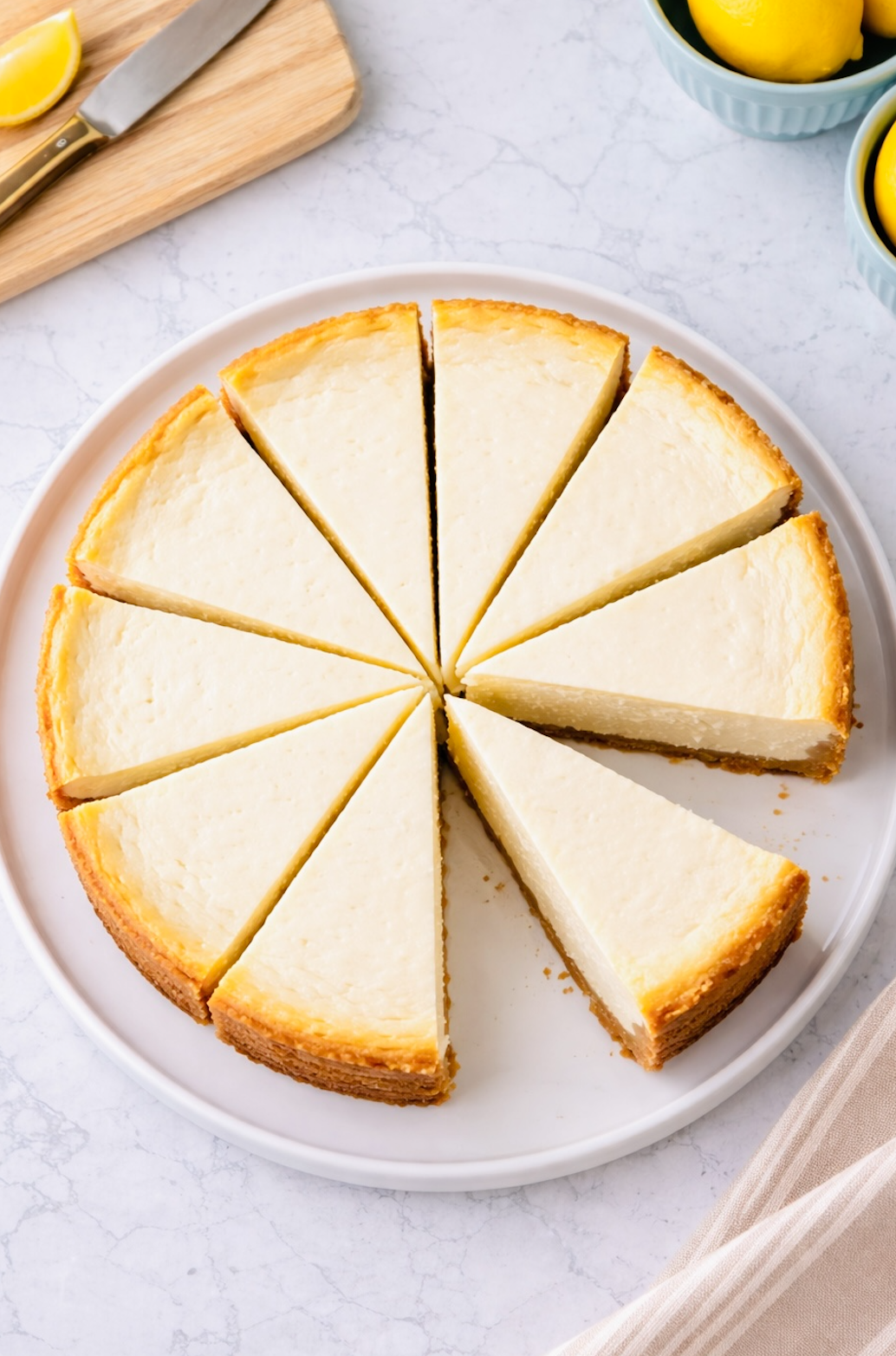 Overhead view of whole classic cheesecake sliced into wedges on a white serving plate