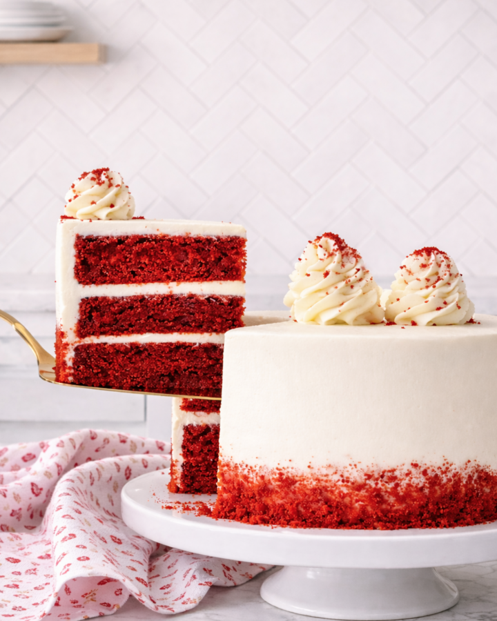Three-layer red velvet cake with cream cheese frosting, shown with one slice lifted to reveal bright red cake layers and white frosting.