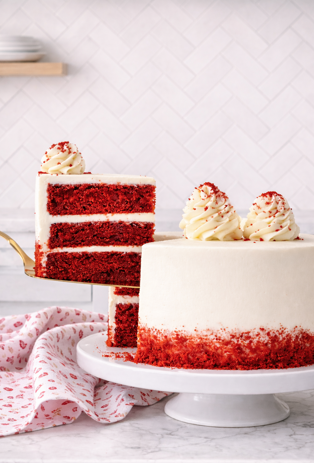 Three-layer red velvet cake with cream cheese frosting, shown with one slice lifted to reveal bright red cake layers and white frosting.