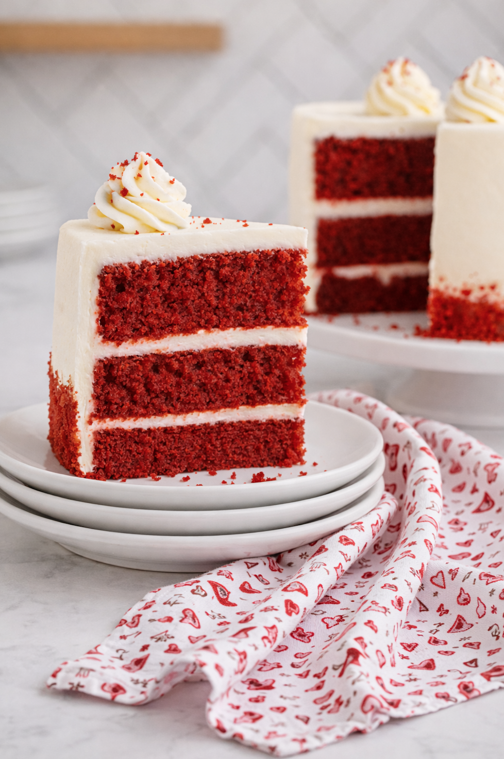 Slice of red velvet cake with cream cheese frosting on white plates, showing three red cake layers and smooth white frosting.