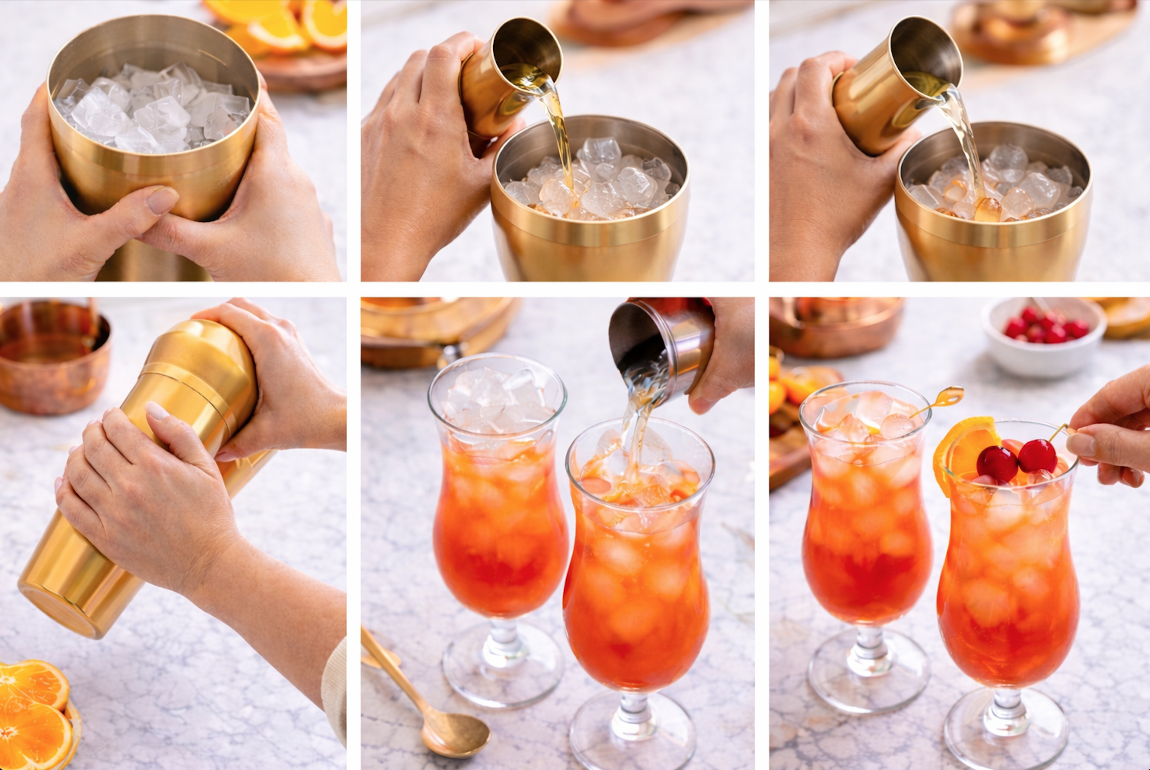 Six-step process showing how to make a hurricane cocktail, including filling a gold shaker with ice, pouring rum and juice, shaking, straining into glasses, and garnishing with cherries and orange slices.