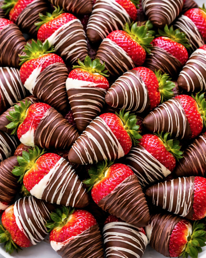Chocolate covered strawberries with dark chocolate and white chocolate drizzle arranged closely on a plate