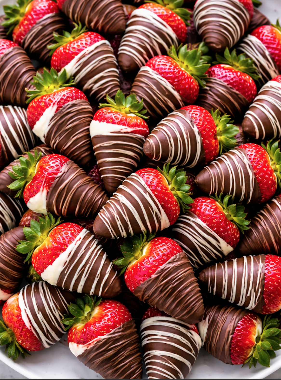 Chocolate covered strawberries with dark chocolate and white chocolate drizzle arranged closely on a plate