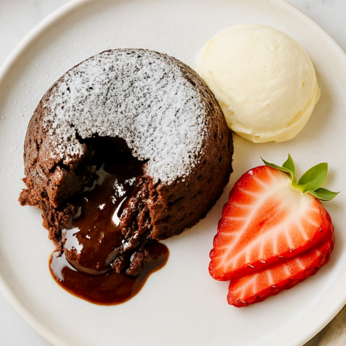 Chocolate lava cake with molten chocolate center on a white plate with vanilla ice cream and sliced strawberries.