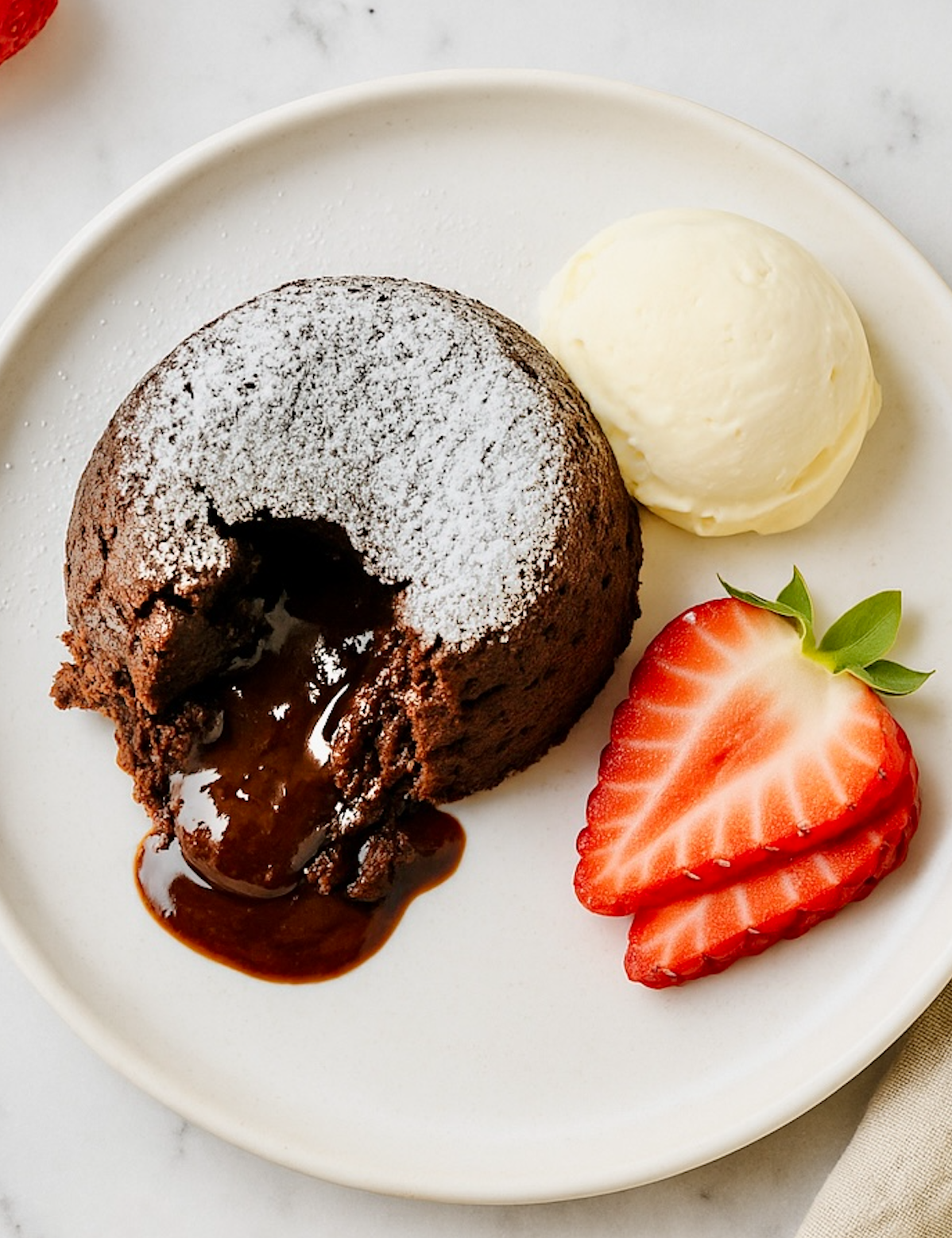 Chocolate lava cake with molten chocolate center on a white plate with vanilla ice cream and sliced strawberries.