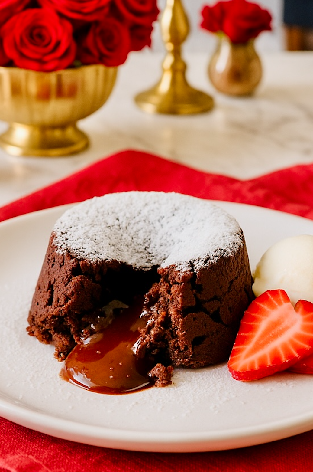 Warm chocolate lava cake with gooey center, powdered sugar topping, vanilla ice cream, and fresh strawberries on a white dessert plate.