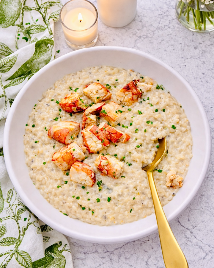 Overhead view of lobster risotto in a white bowl with lobster pieces, chives, and candles on a marble surface.