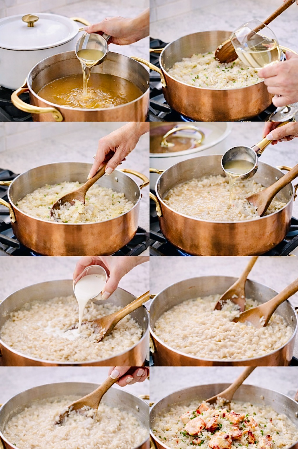 Step-by-step images showing risotto cooking in a pot, with stock added gradually, cream stirred in, and lobster folded at the end.