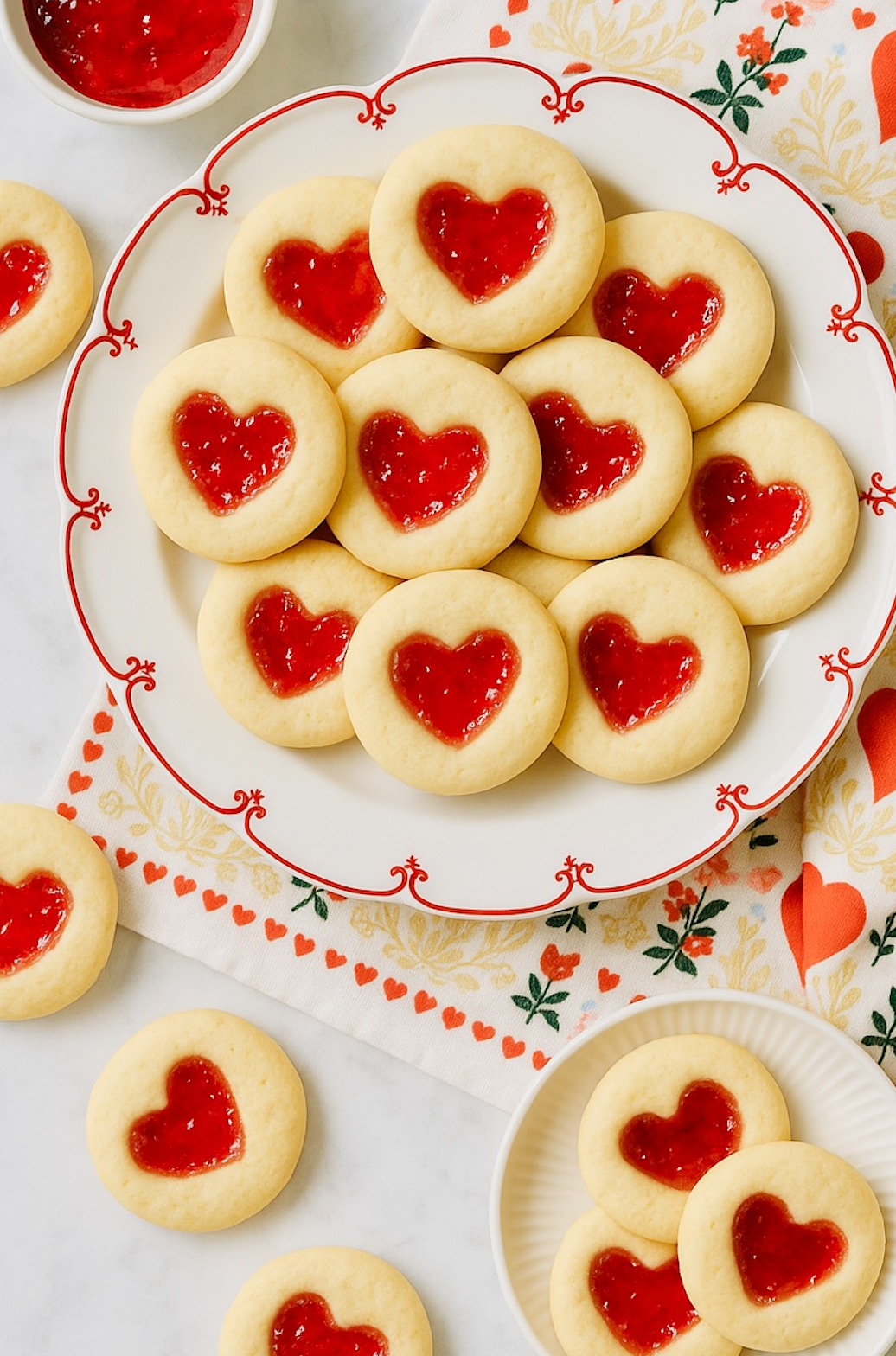 Overhead view of heart jam thumbprint cookies arranged on a white plate
