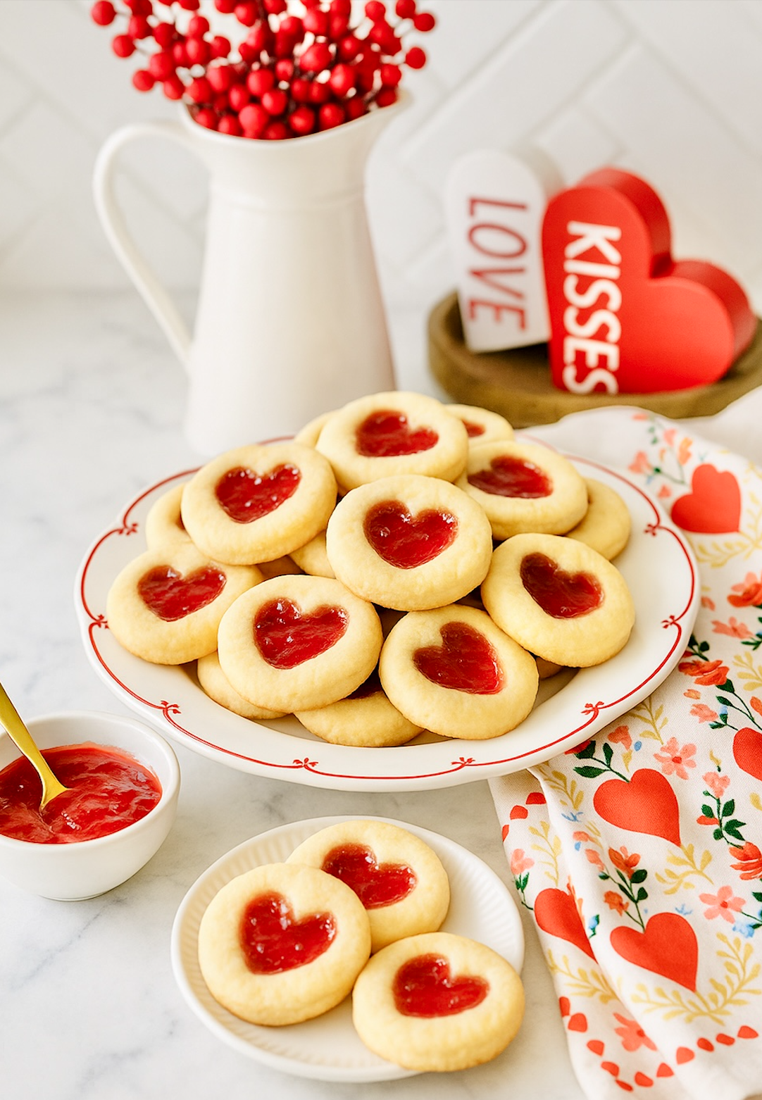 Valentine’s Day heart thumbprint cookies with strawberry jam on a decorative plate