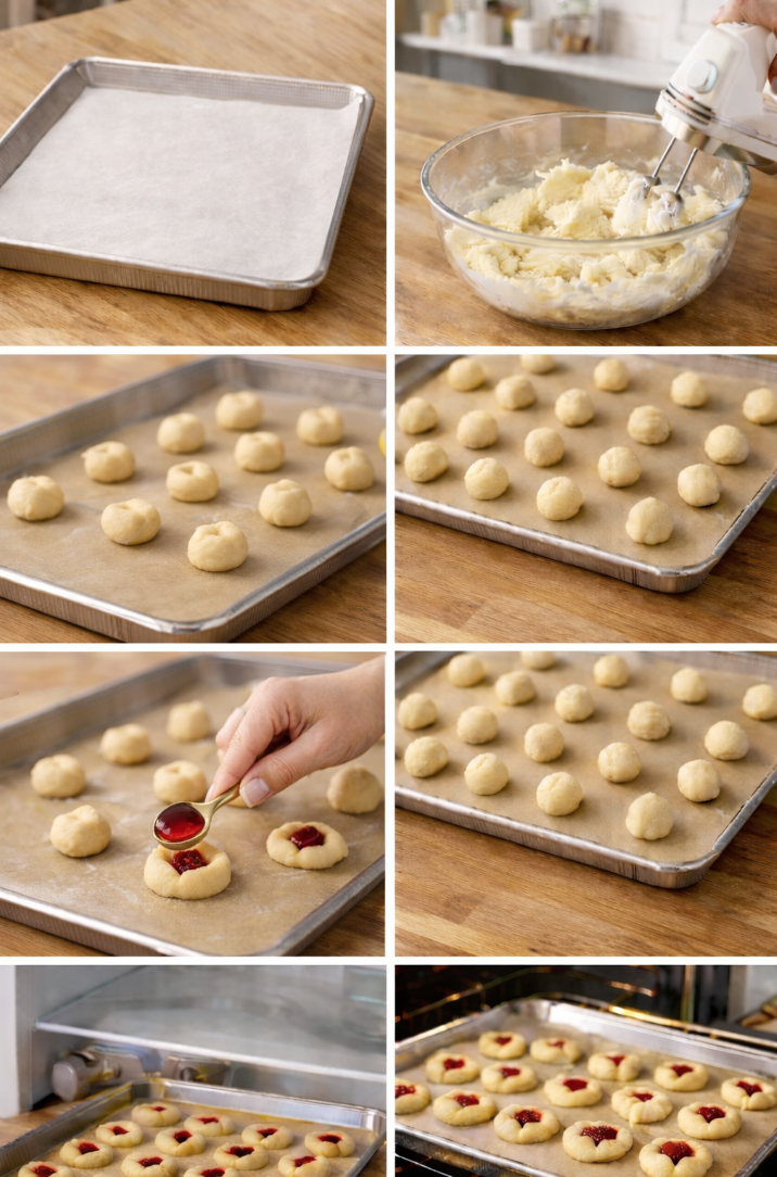 Process photos showing thumbprint cookie dough mixed, portioned, filled with jam, chilled, and baked