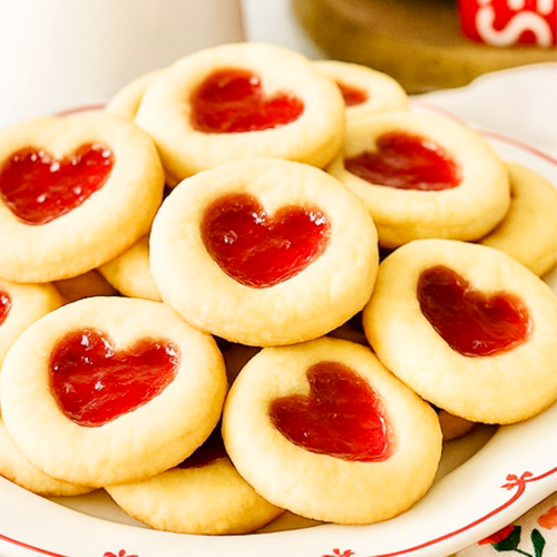 Close up of Heart-shaped thumbprint cookies filled with strawberry jam stacked on a plate