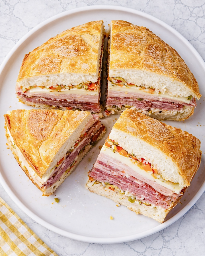 Top-down view of classic New Orleans muffuletta sandwich cut into four wedges on a round white plate, showing layers of Italian meats, cheeses, and olive salad.