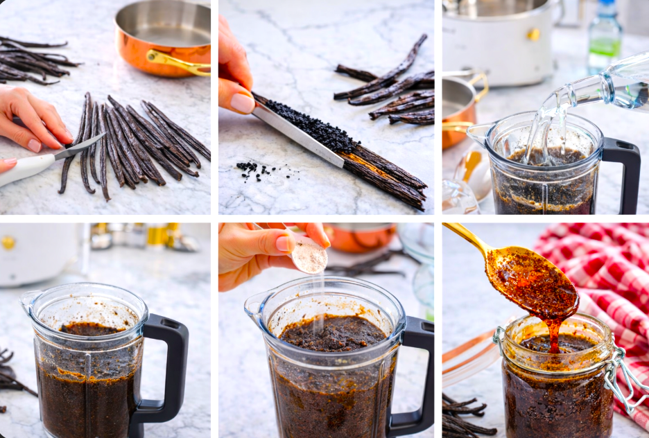 Step-by-step collage showing chopped vanilla beans, scraped vanilla caviar, blending ingredients in a high-powered blender, adding xanthan gum, and the finished vanilla bean paste in a jar.