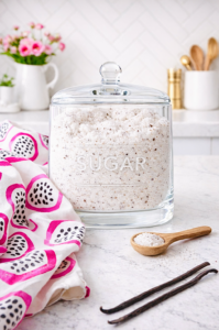 Homemade vanilla sugar in glass storage jar on kitchen counter with vanilla beans and spoon