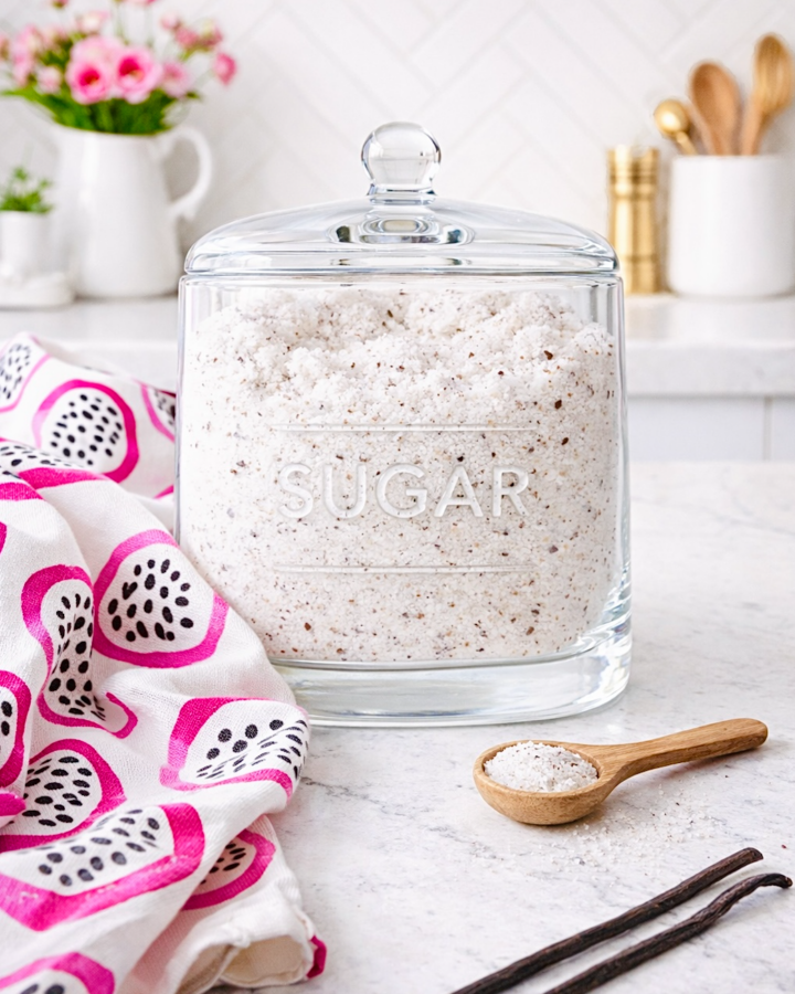 Homemade vanilla sugar in glass storage jar on kitchen counter with vanilla beans and spoon