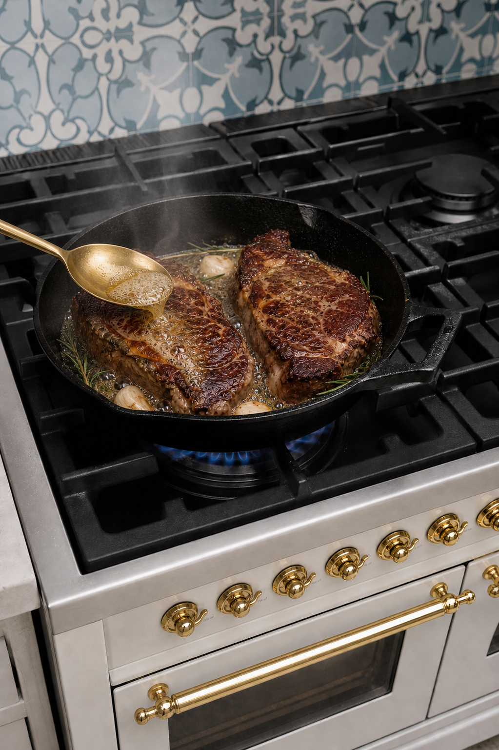 Spoon basting the same two ribeye steaks with melted garlic herb butter in a cast iron skillet over a visible blue gas flame on a white range with black burners.