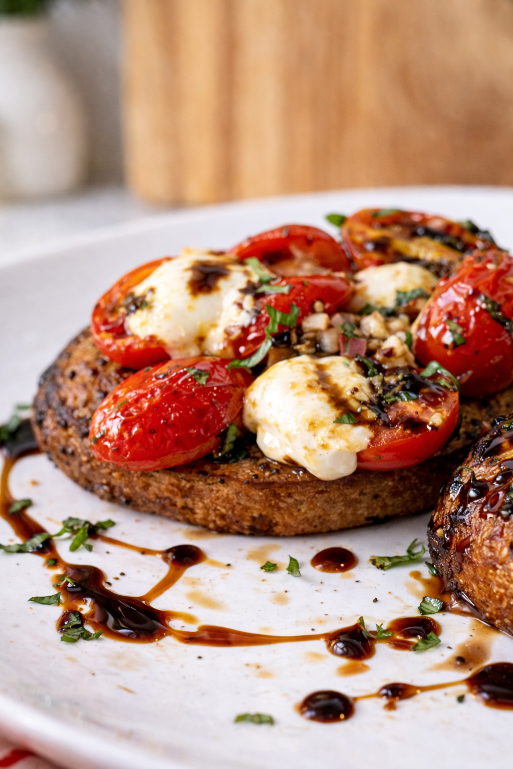 Close-up of tomato bruschetta with fresh mozzarella and balsamic glaze showing crisp toasted bread and juicy tomatoes