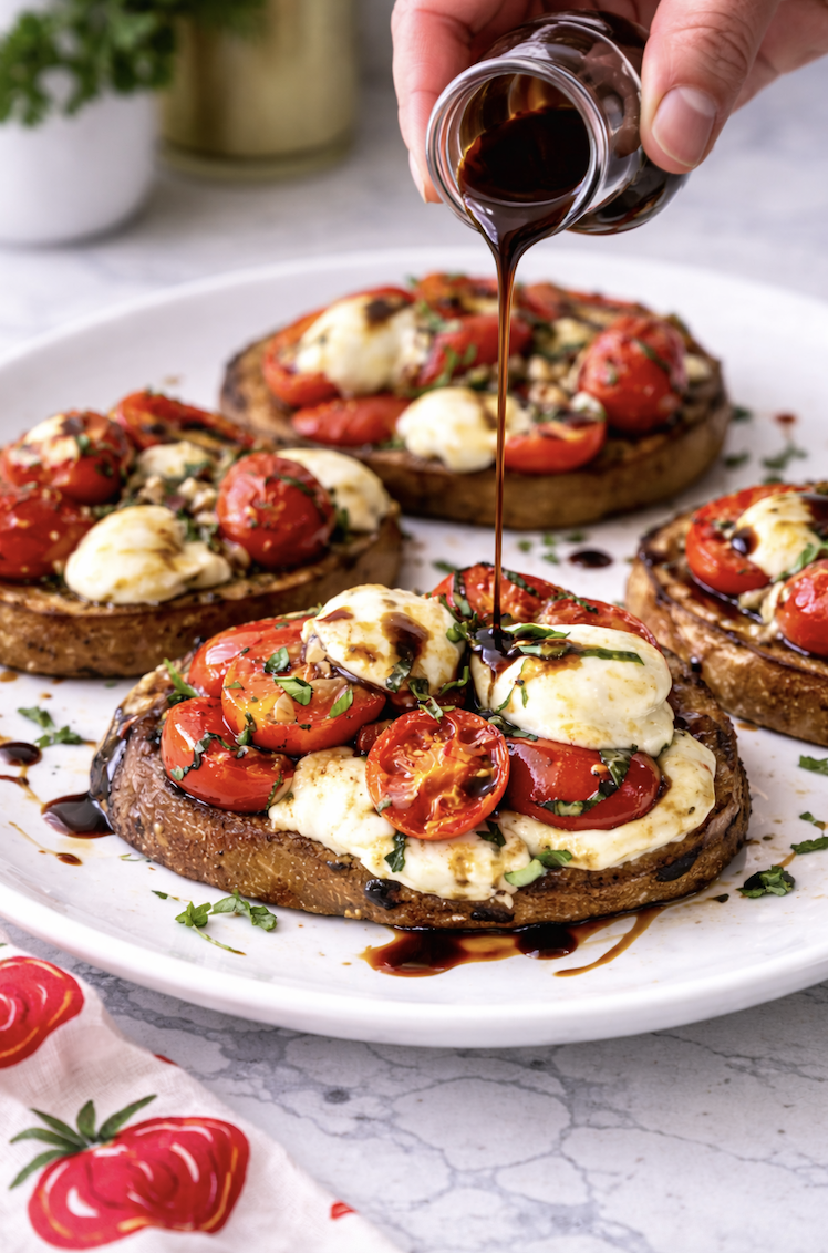 Balsamic glaze being poured over tomato bruschetta with melted mozzarella on toasted bread