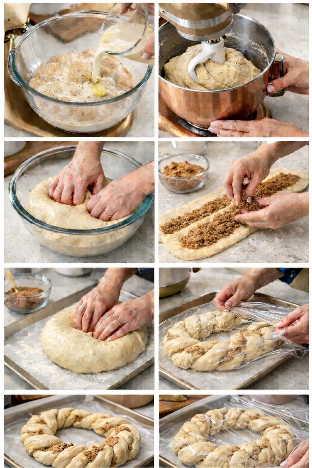 Step-by-step process of making homemade king cake, including mixing dough, filling, shaping, and proofing