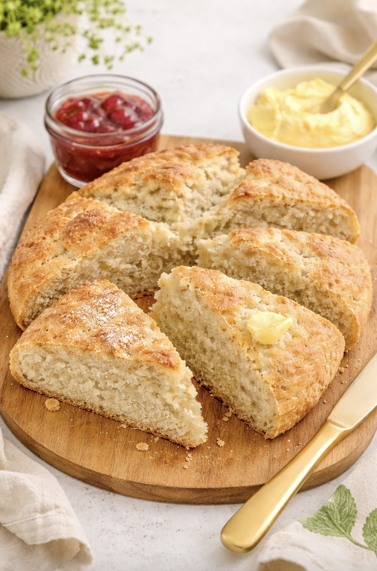 Irish soda bread slices served with butter and jam on wooden board