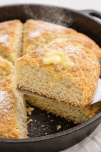 Irish soda bread slice with melted butter on spatula in skillet
