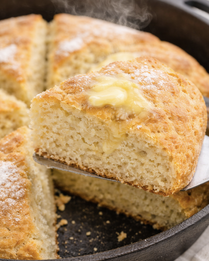 Irish soda bread slice with melted butter on spatula in skillet
