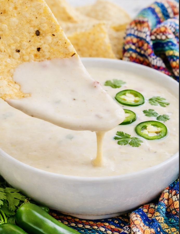 Creamy queso blanco dip in a white bowl garnished with sliced jalapeños and cilantro, served with tortilla chips on a colorful Mexican-style cloth.Creamy queso blanco dip in a white bowl garnished with sliced jalapeños and cilantro, served with tortilla chips on a colorful Mexican-style cloth.