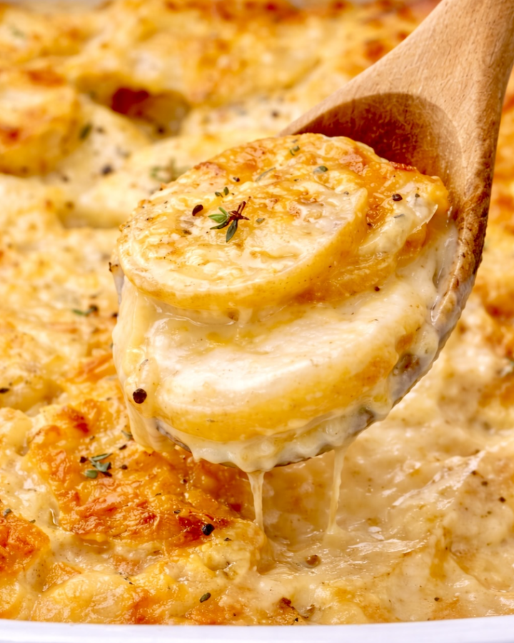 Wooden spoon lifting stacked slices of creamy scalloped potatoes from a golden baked casserole dish.