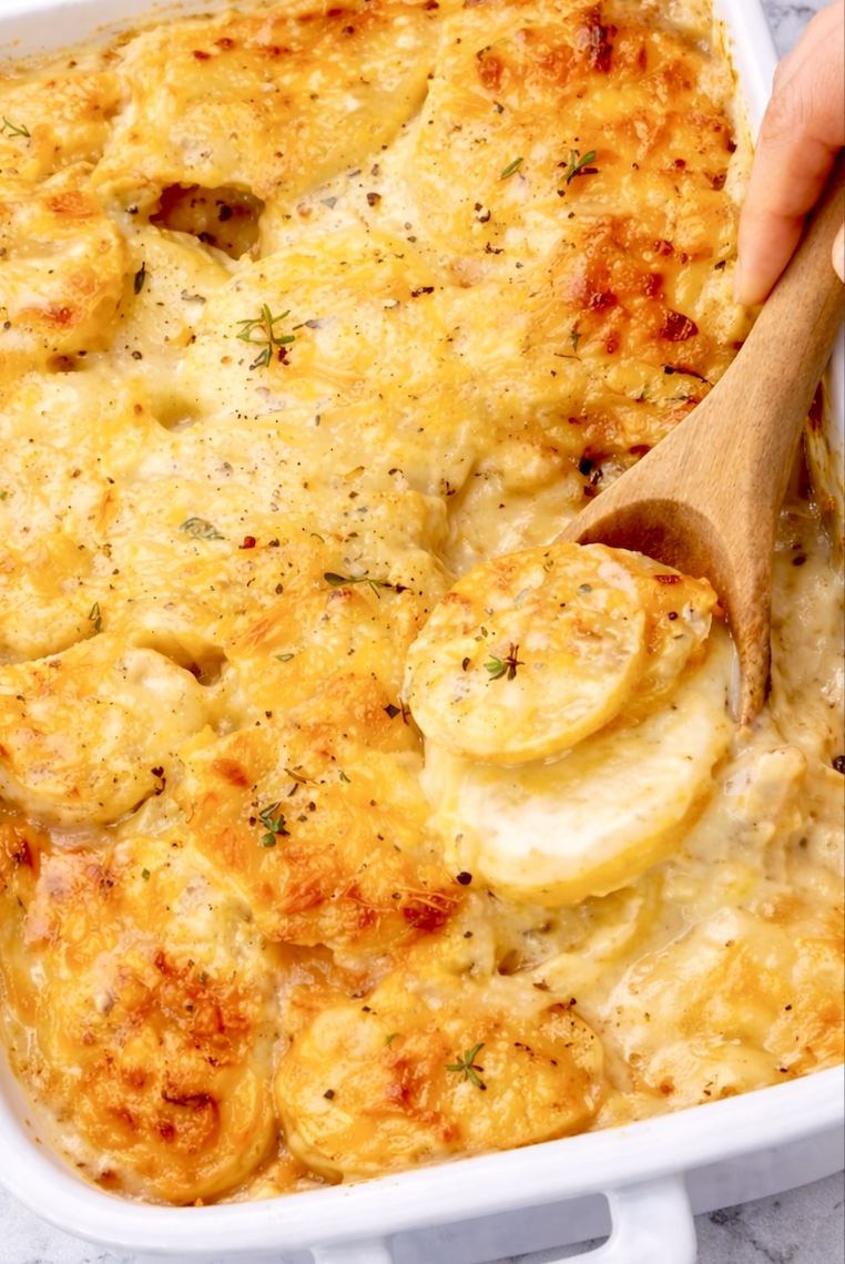 Overhead view of creamy scalloped potatoes in white baking dish with wooden spoon serving a portion.