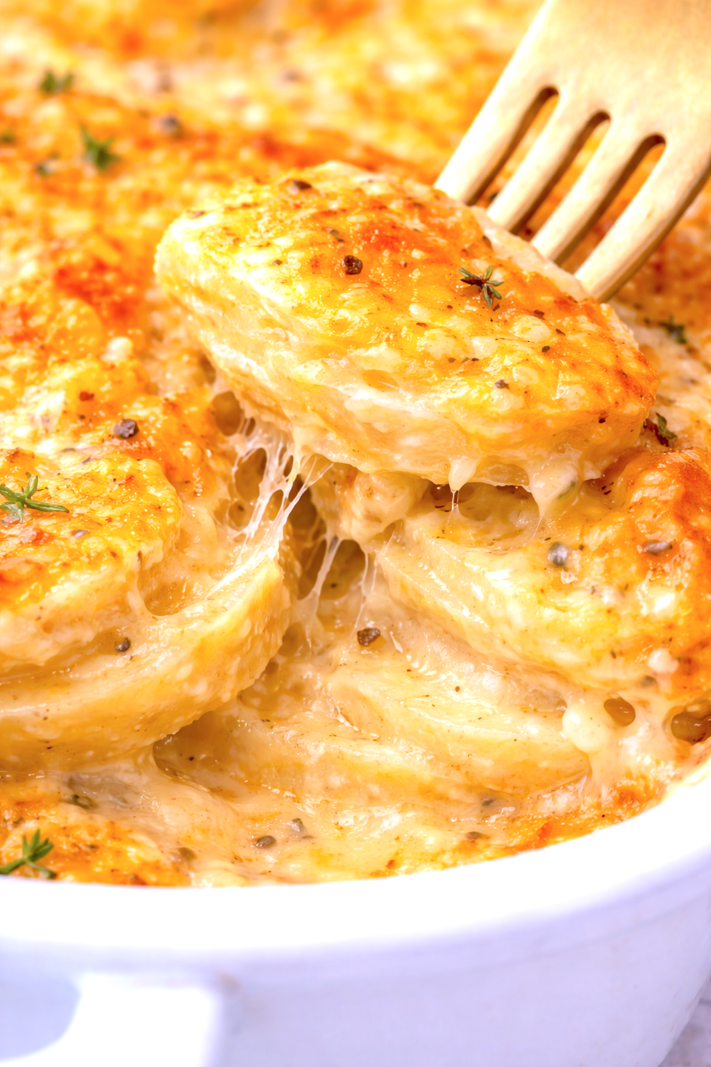 Close-up of golden scalloped potatoes with creamy melted layers being lifted with a wooden fork.