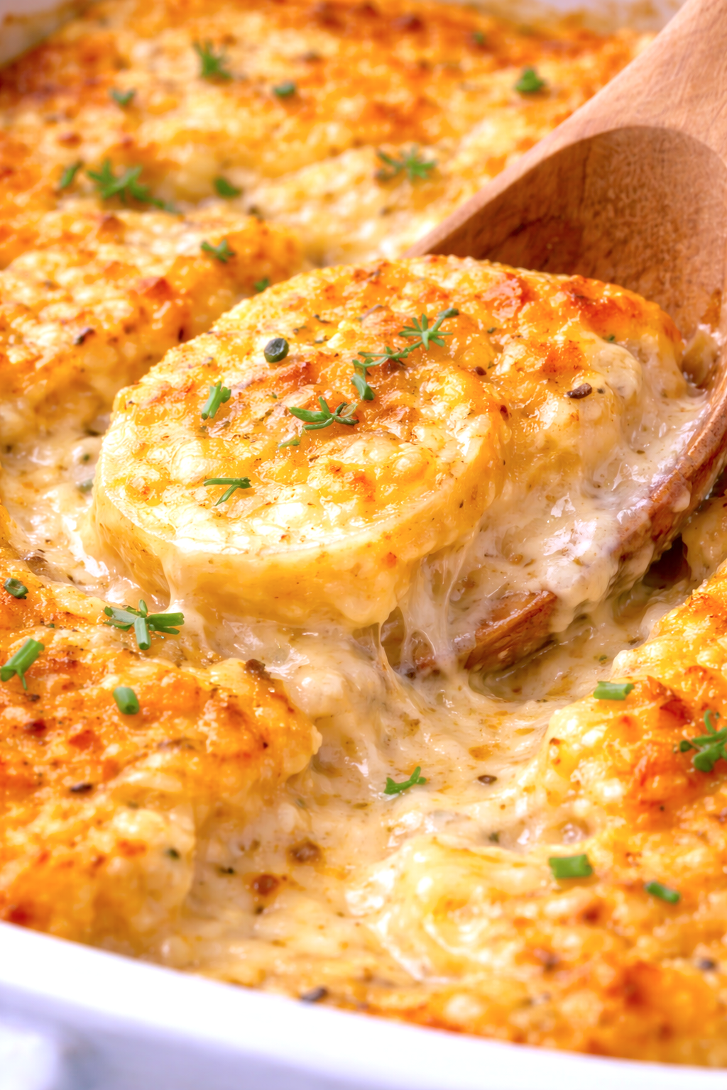 Spoon lifting cheesy golden scalloped potatoes with creamy sauce and fresh herbs from casserole dish.