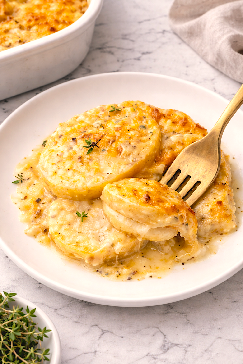 Plated serving of creamy scalloped potatoes with gold fork on white plate and baking dish in background.
