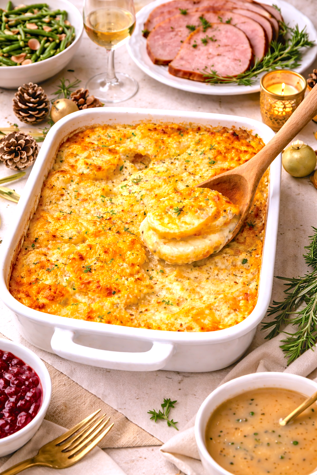 Holiday table with baked scalloped potatoes casserole, sliced ham, green beans, gravy, and cranberry sauce.