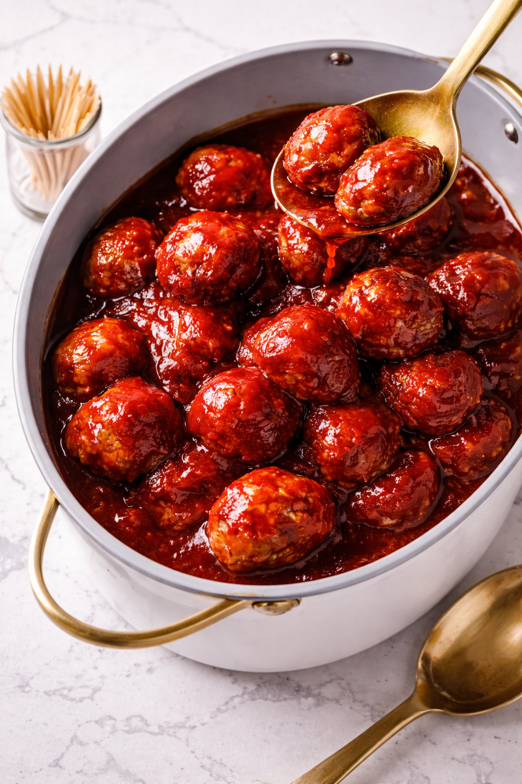 Crockpot grape jelly meatballs in a white pan with gold spoon lifting saucy meatballs