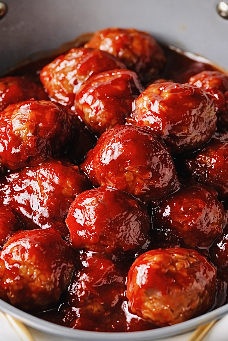 Close up of grape jelly meatballs coated in glossy sweet and tangy sauce