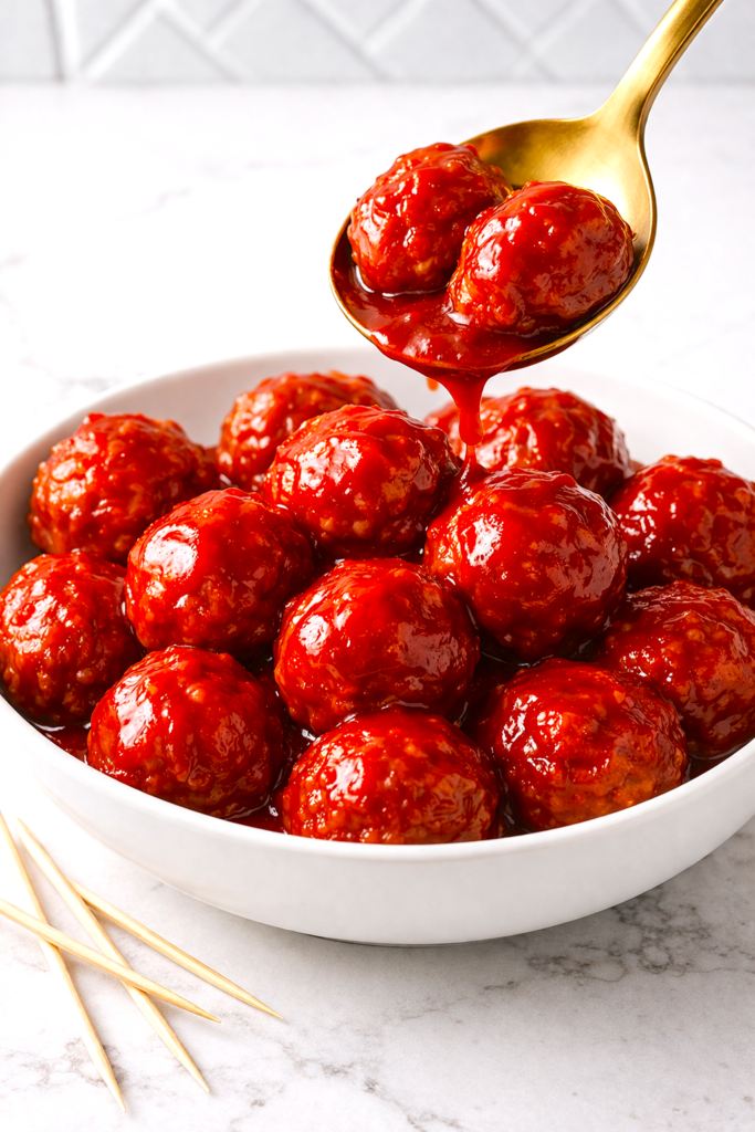 Spoon lifting grape jelly meatballs from white bowl with sauce dripping back into dish