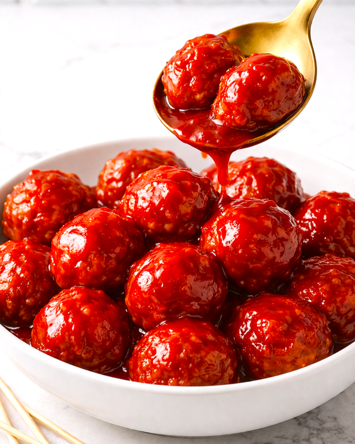 Spoon lifting grape jelly meatballs from white bowl with sauce dripping back into dish