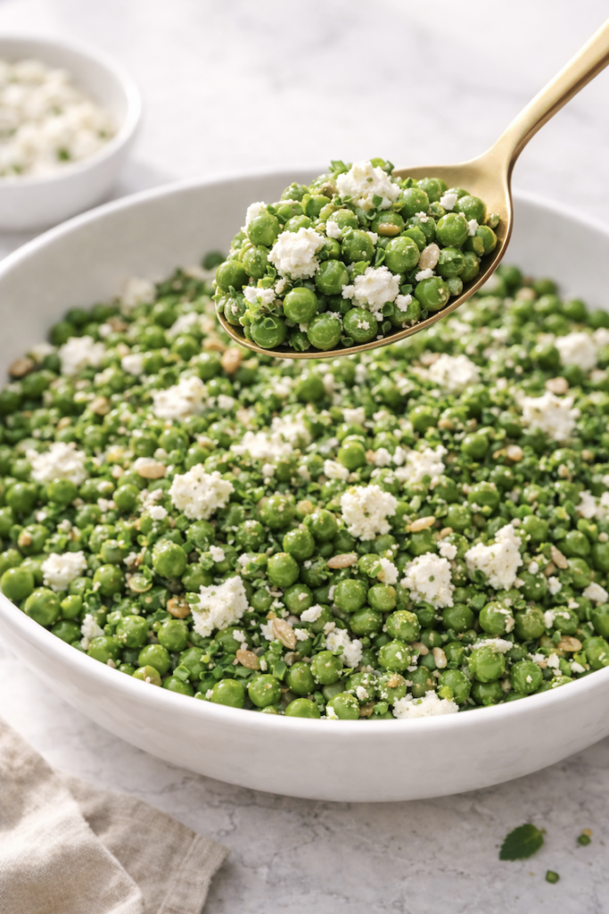 Spoonful of spring pea salad with feta, mint, chives, and sunflower seeds lifted above a white serving bowl