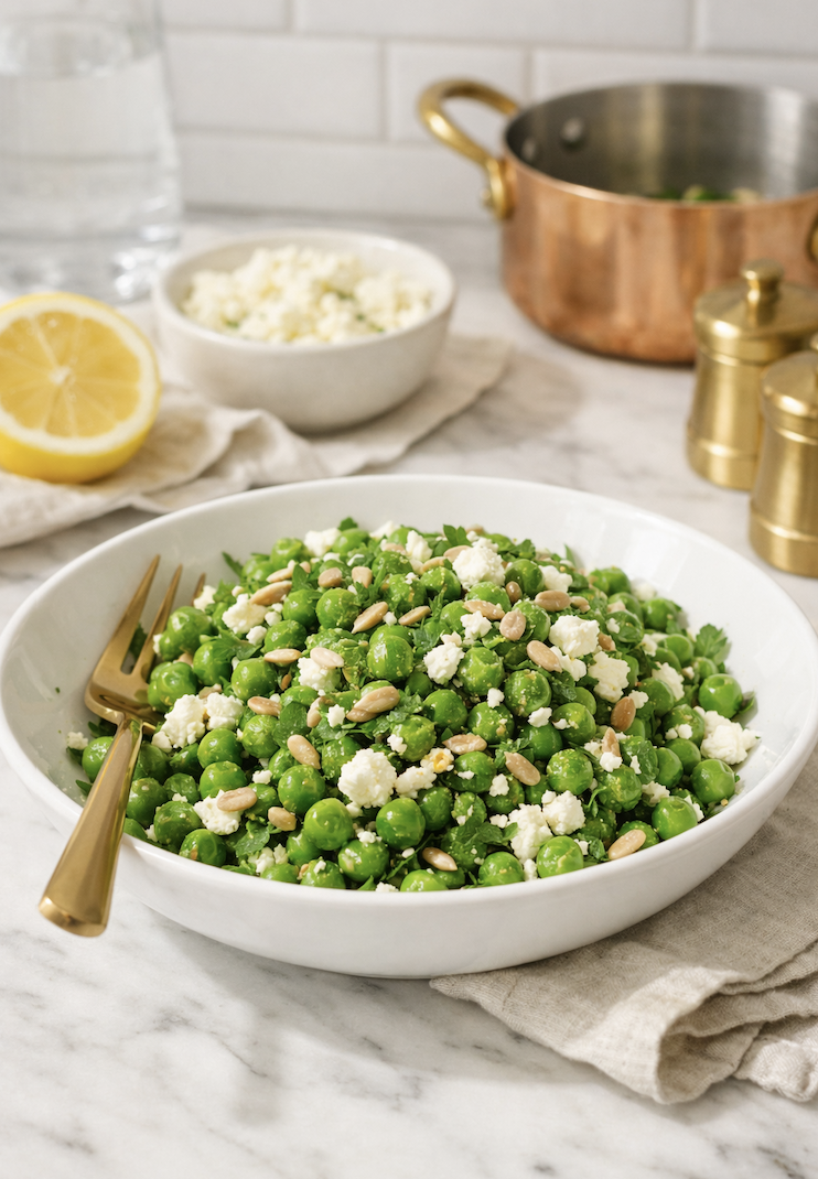 Angled plated serving of spring pea salad with feta, mint, and sunflower seeds in a white bowl with a brushed gold fork