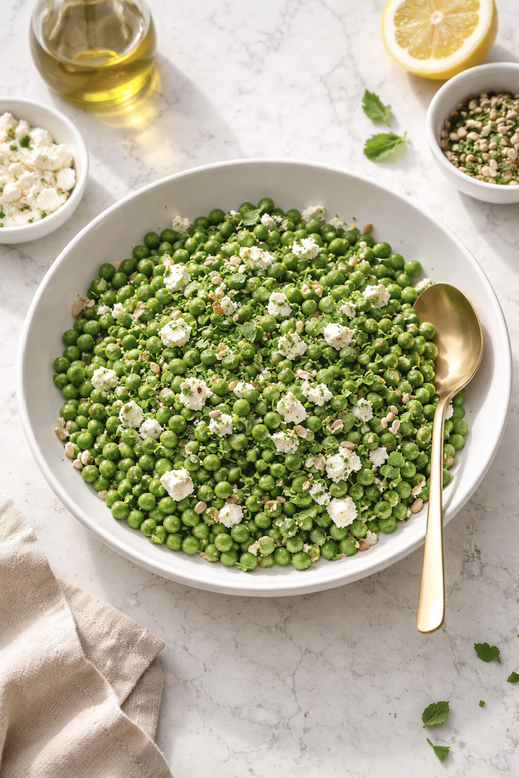 Overhead view of spring pea salad in a white bowl with feta, mint, sunflower seeds, lemon, and olive oil nearby