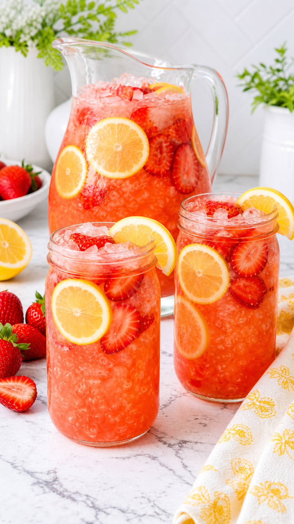 Finished homemade strawberry lemonade served over ice with strawberries and lemon slices.