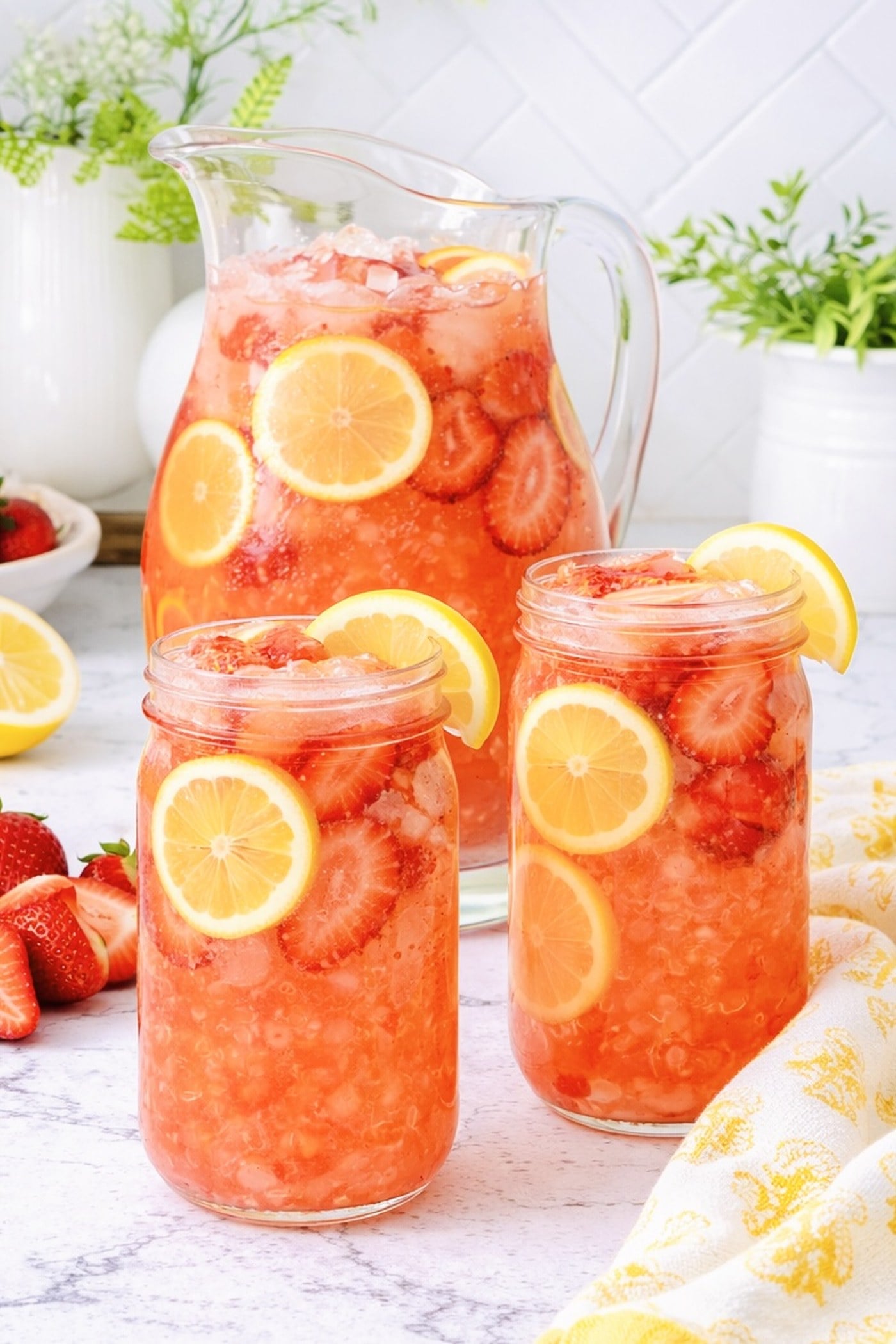 Pitcher and glasses of homemade strawberry lemonade with fresh strawberries and lemon slices over ice.