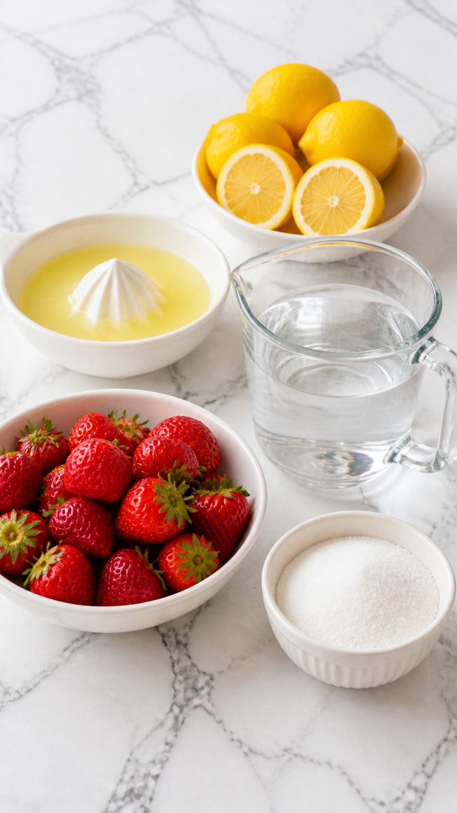 Fresh strawberries, lemons, sugar, lemon juice, and water arranged for homemade strawberry lemonade.