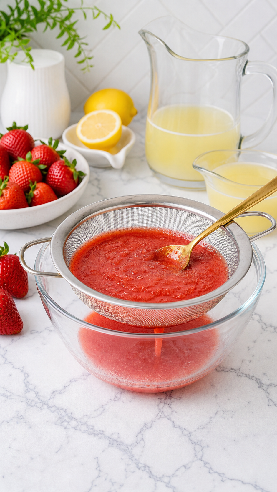Strawberry puree being pressed through a fine mesh strainer for homemade strawberry lemonade.