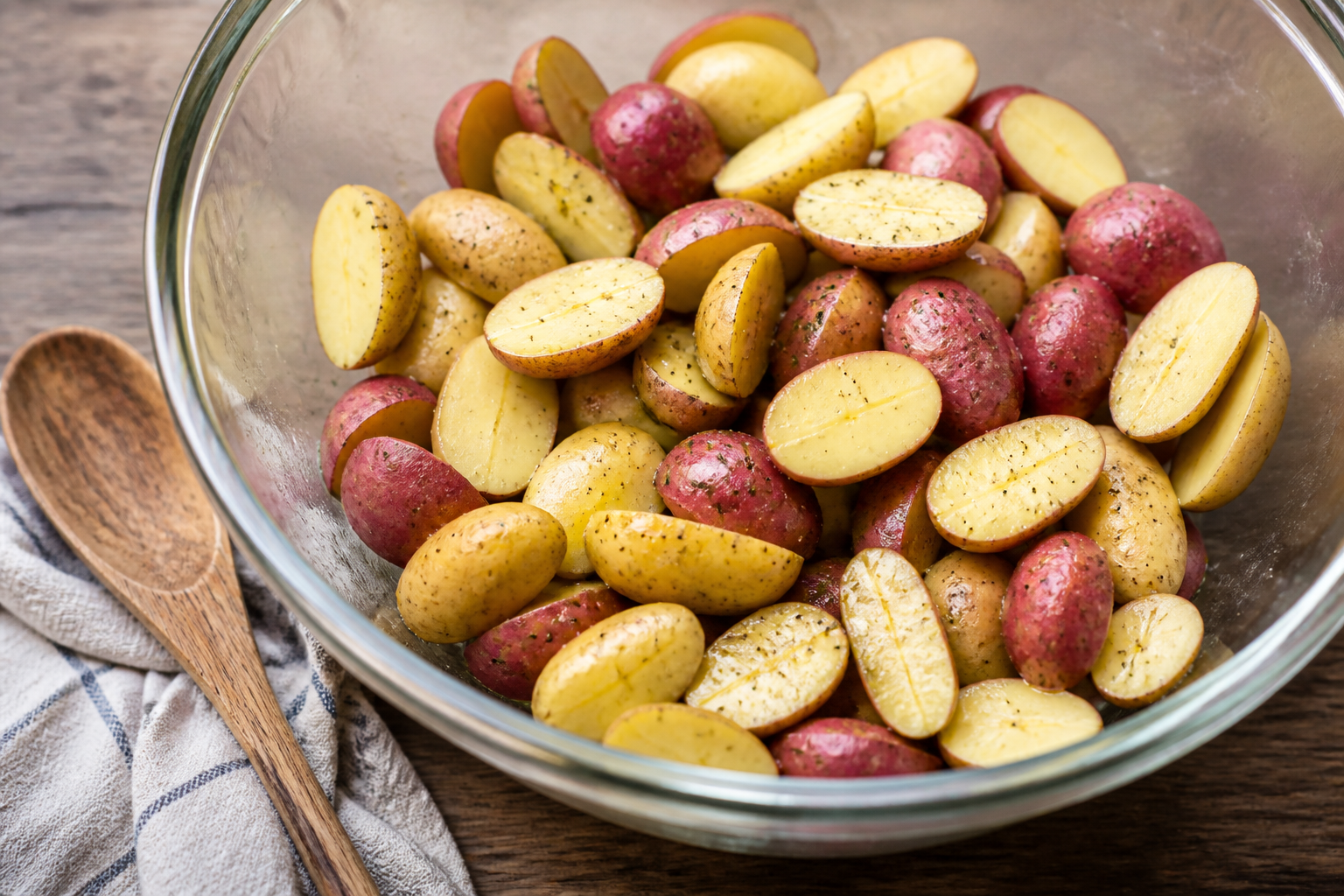 Halved fingerling potatoes coated with olive oil, salt, pepper, and herbs before roasting